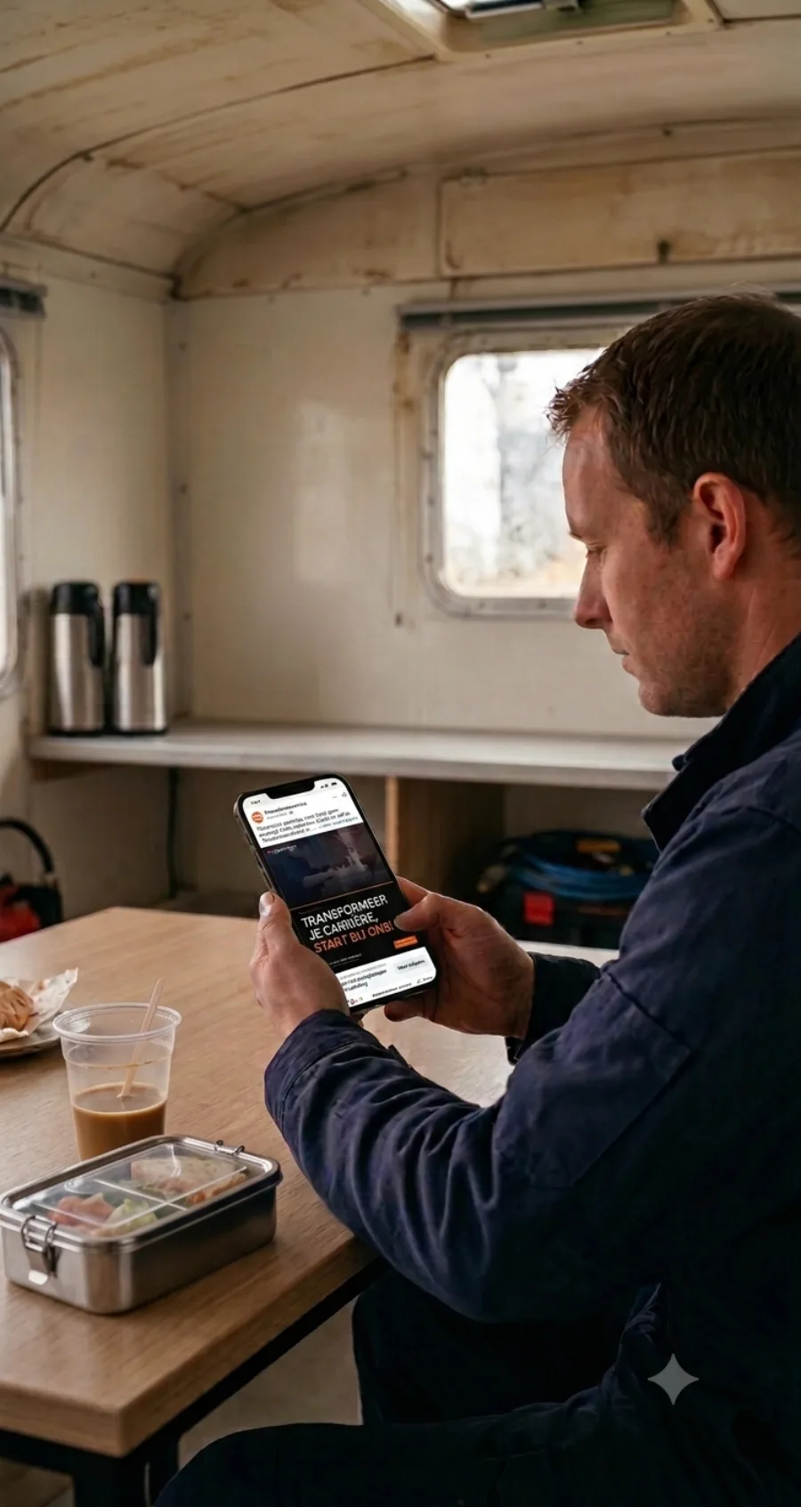 Een monteur bekijkt op zijn telefoon de Facebook-advertentie van Transformer Service.